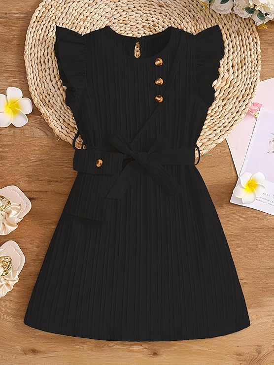 Girls Black Frock Dress – A-Line Sleeveless Cotton Blend Belt & Bag Set for Ages 2–9 Years