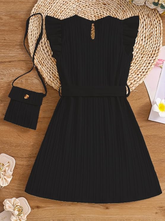 Girls Black Frock Dress – A-Line Sleeveless Cotton Blend Belt & Bag Set for Ages 2–9 Years
