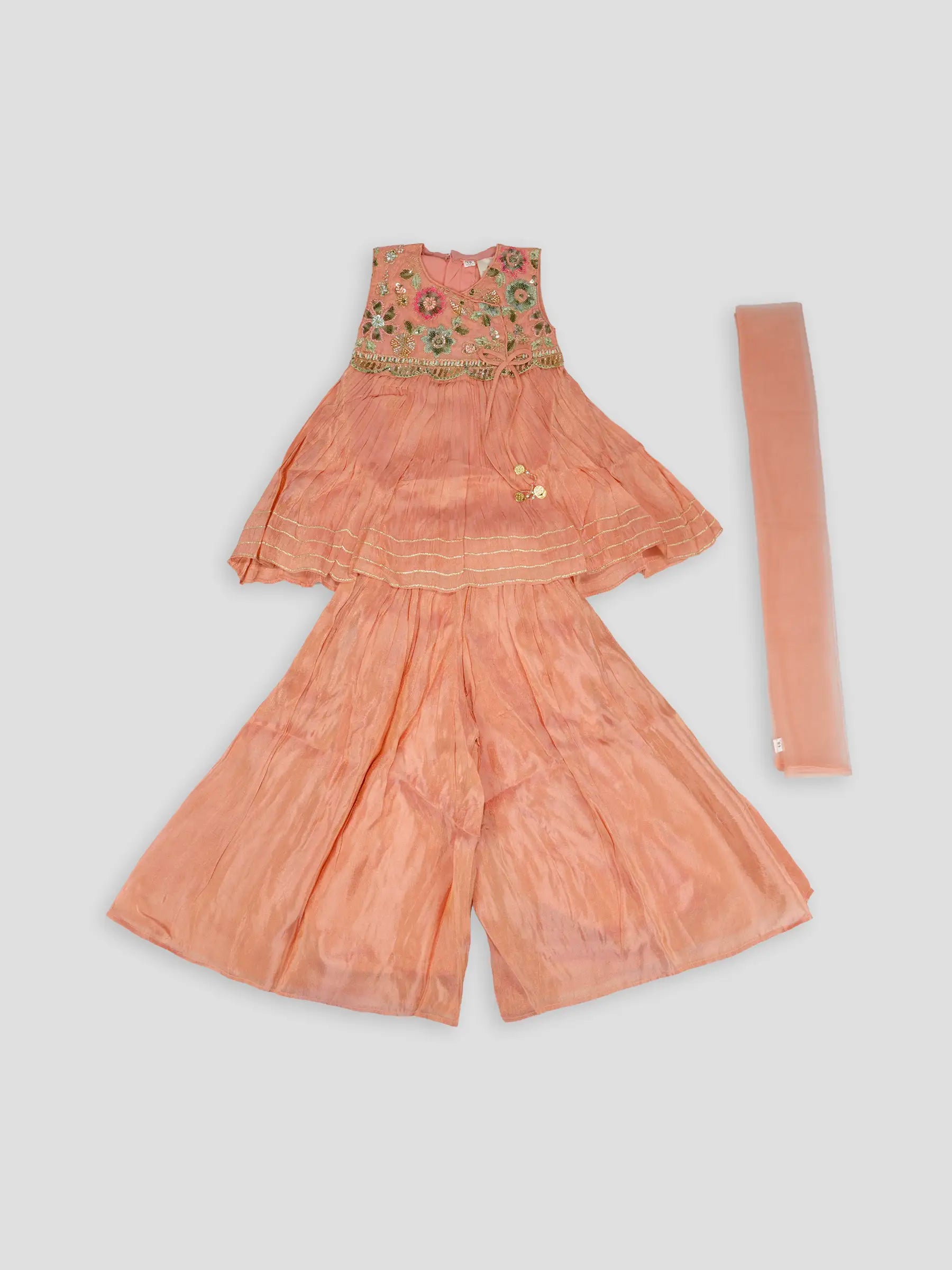 Hap & Hope Girls Embroidered Sleeveless V-Neck Party Wear Sharara Set with Dupatta For Girls