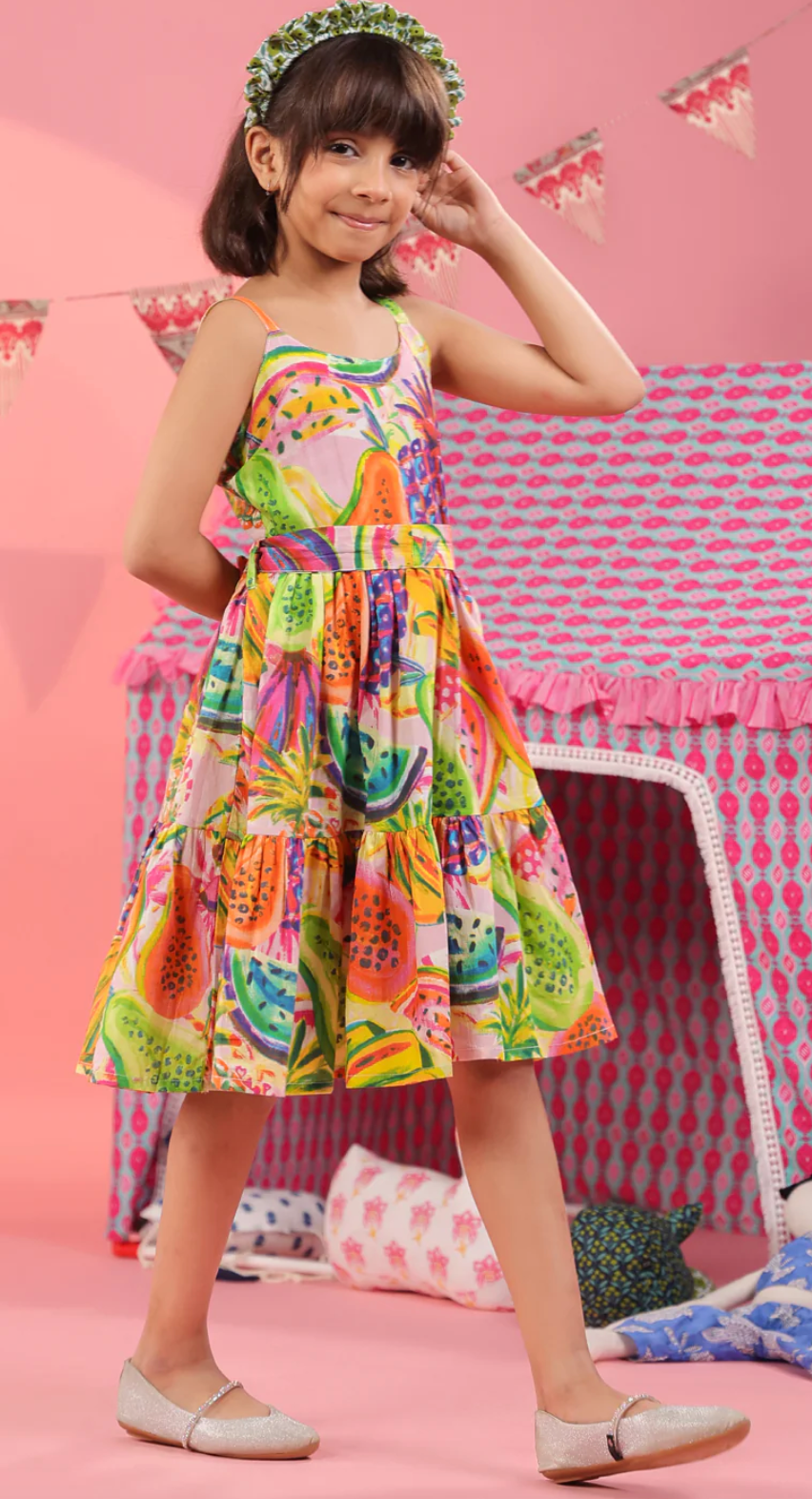 Girls Tropical Printed Sleeveless Cotton Fit and Flare Dress Regular
