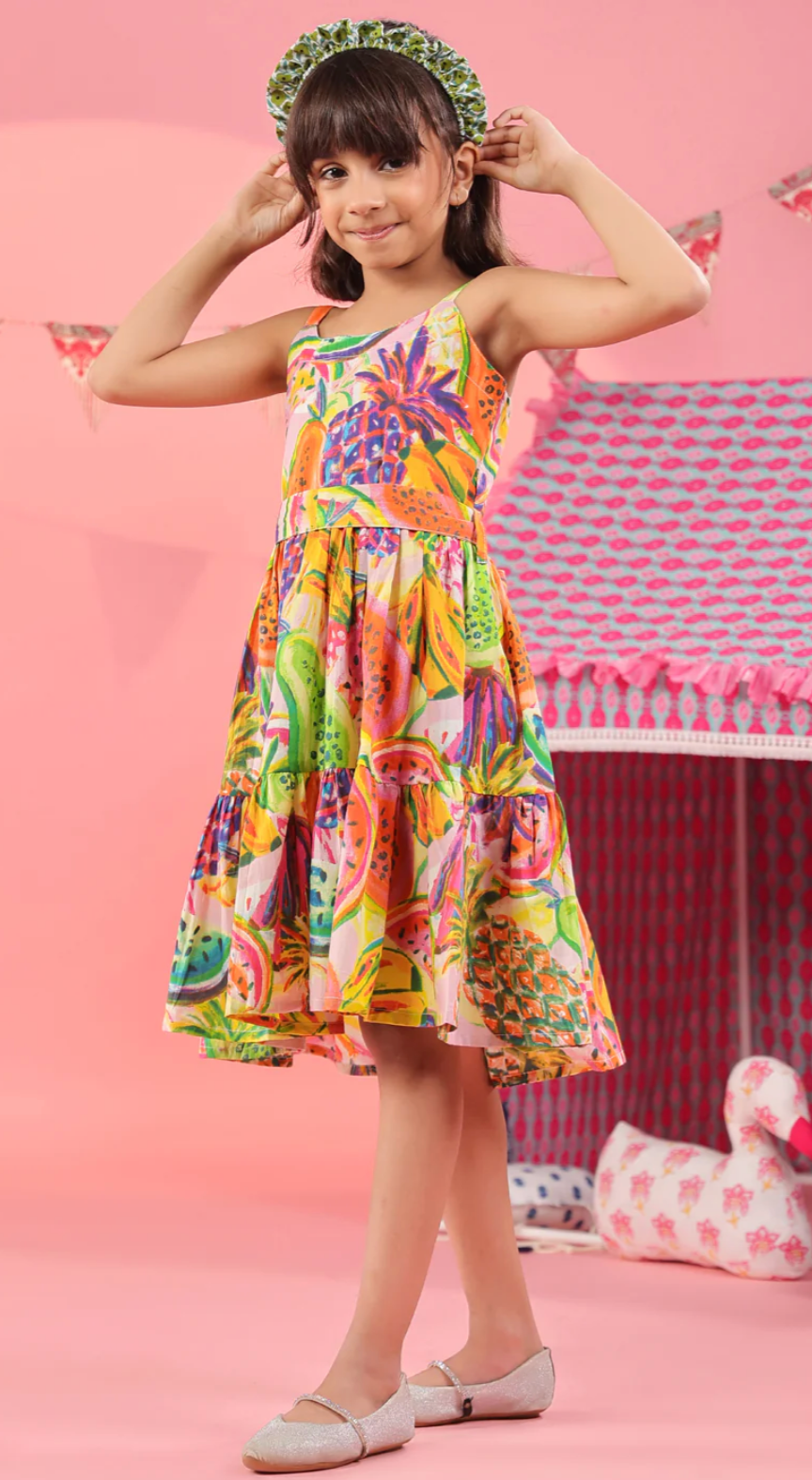 Girls Tropical Printed Sleeveless Cotton Fit and Flare Dress Regular