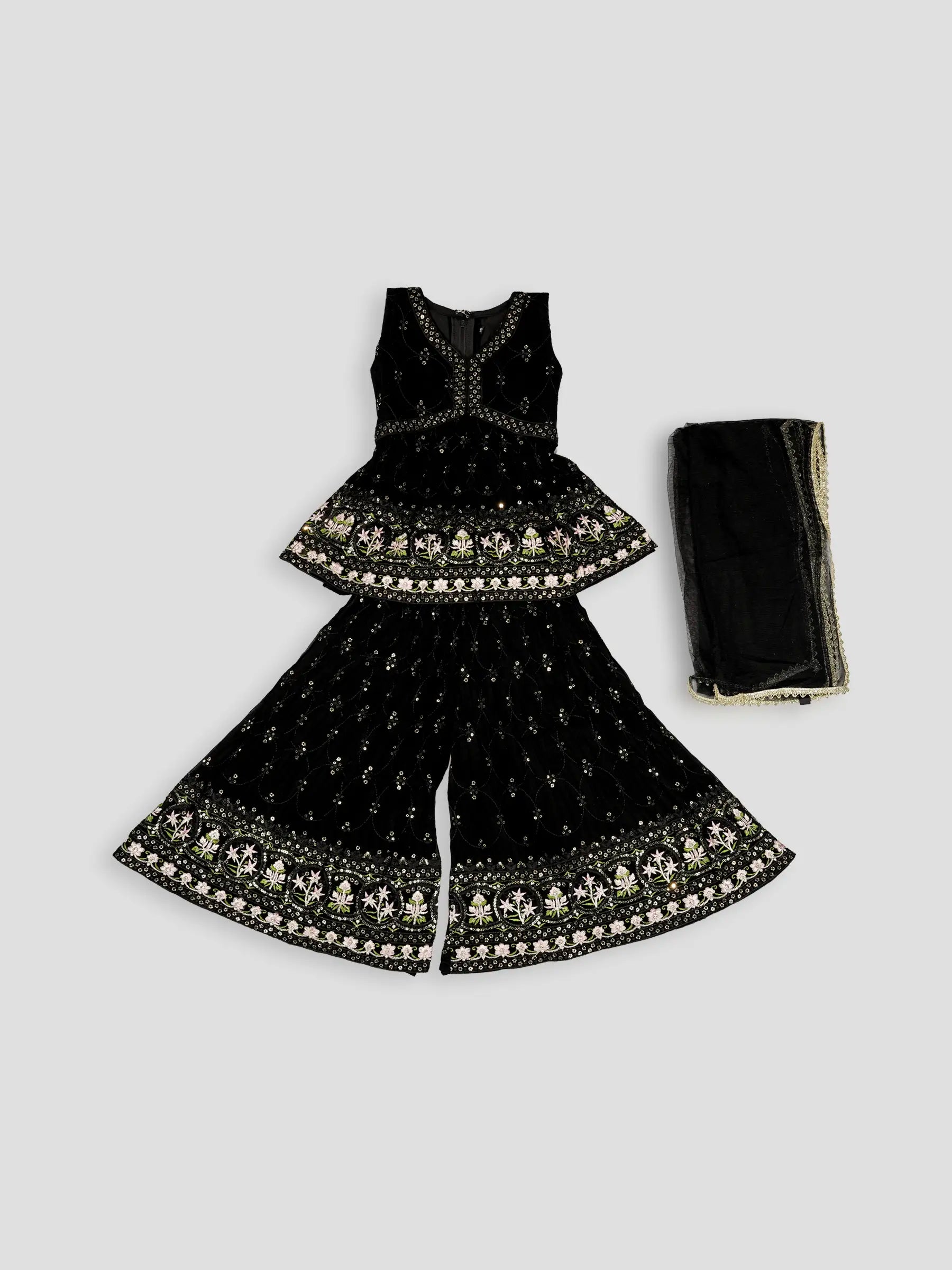 Hap & Hope Girls Embroidered Sleeveless V-Neck Party Wear Sharara Set with Dupatta For Girls