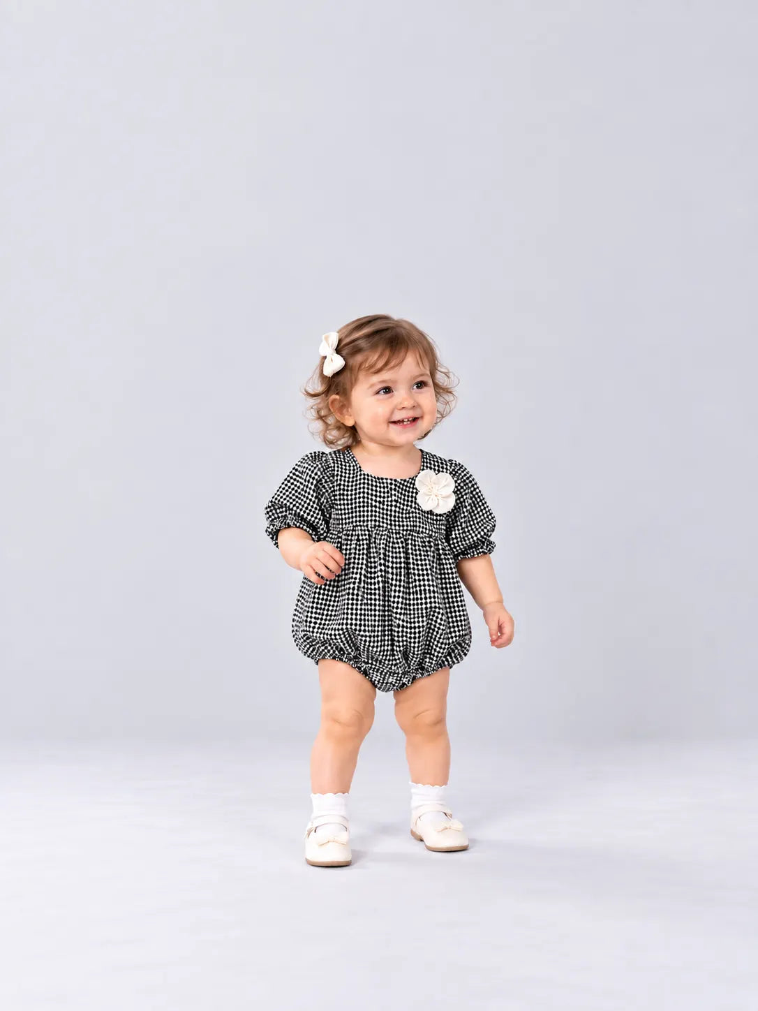 Hap & Hope Comfortable Checked Full Sleeve Romper For Baby Girls
