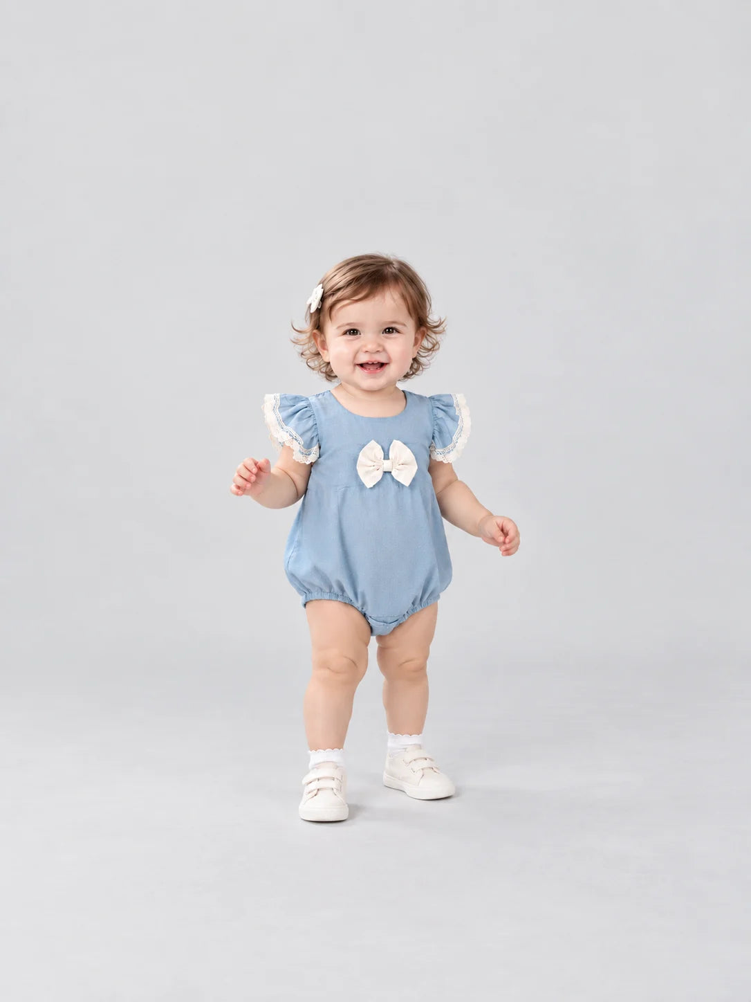 Hap & Hope Cotton Bow Detail Lace Sleeve Romper For Baby Girls