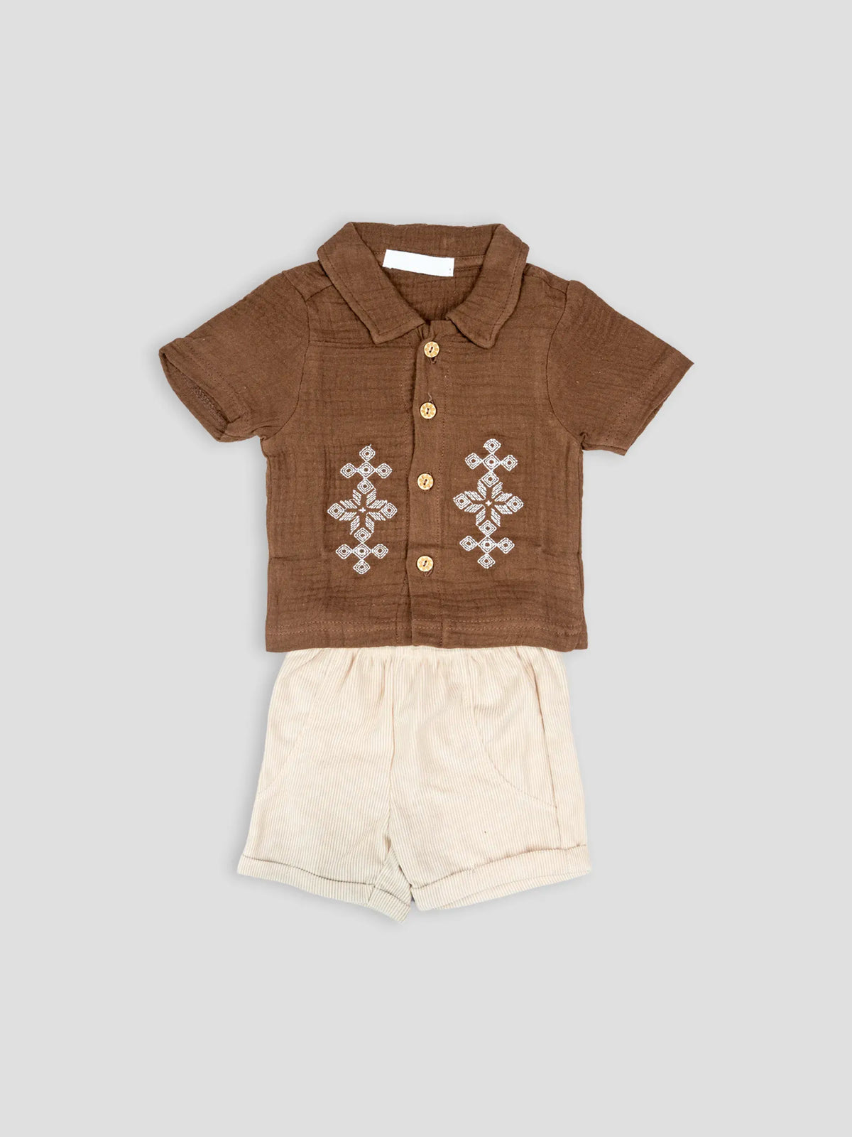 Hap&Hope  Cotton Embroidered Collar Neck Shirt & Shorts For Baby Boys