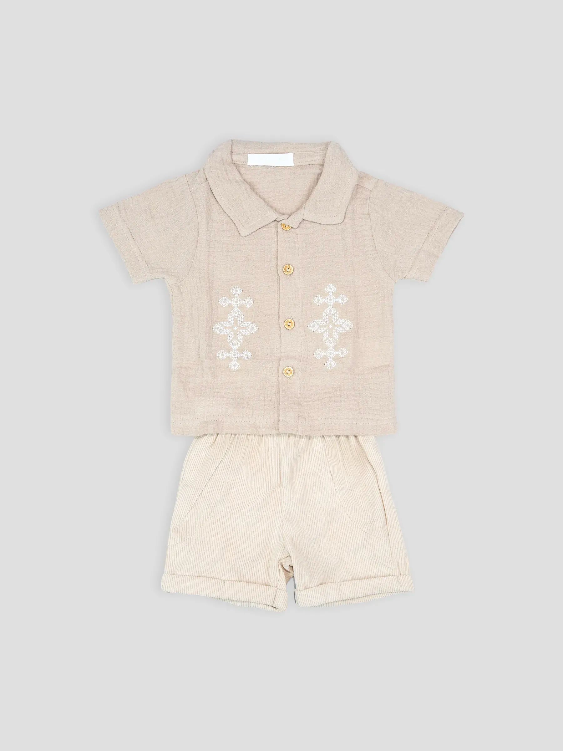 Hap&Hope  Cotton Embroidered Collar Neck Shirt & Shorts For Baby Boys