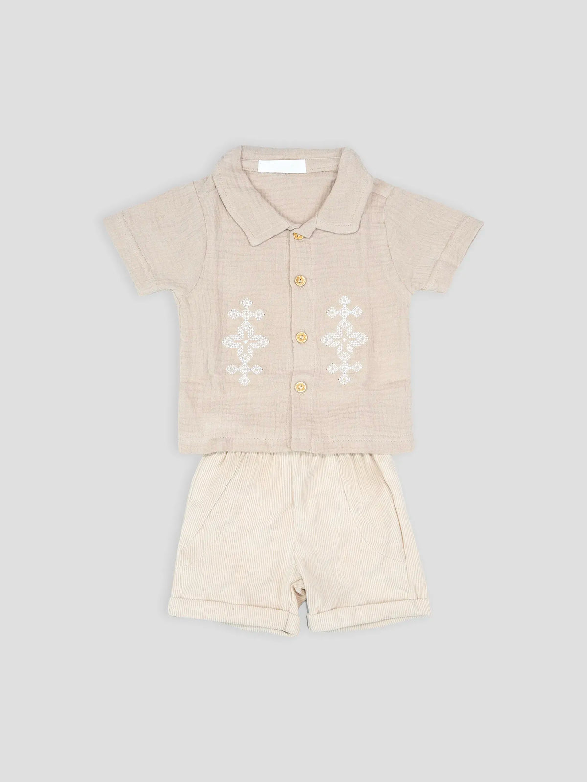 Hap&Hope  Cotton Embroidered Collar Neck Shirt & Shorts For Baby Boys