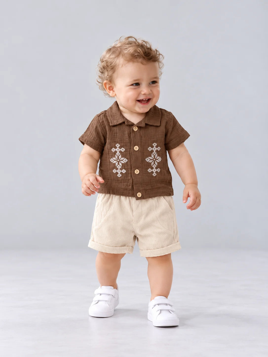 Hap & Hope  Cotton Embroidered Collar Neck Shirt & Shorts For Baby Boys