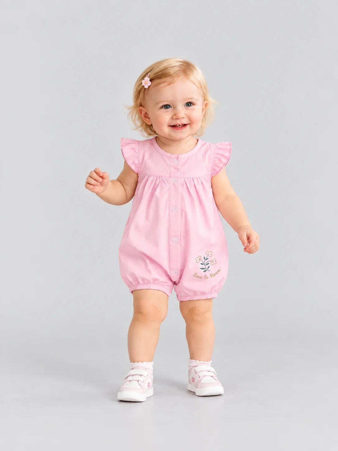 Hap & Hope  Cotton Flutter Sleeve Button Front Romper For Baby Girls