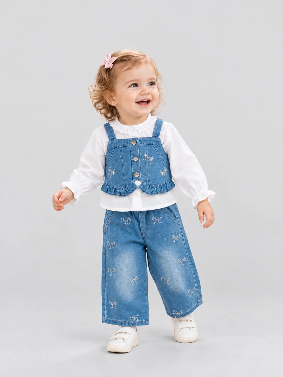Hap & Hope  Denim Cord Set with Full Sleeve Top For Girls