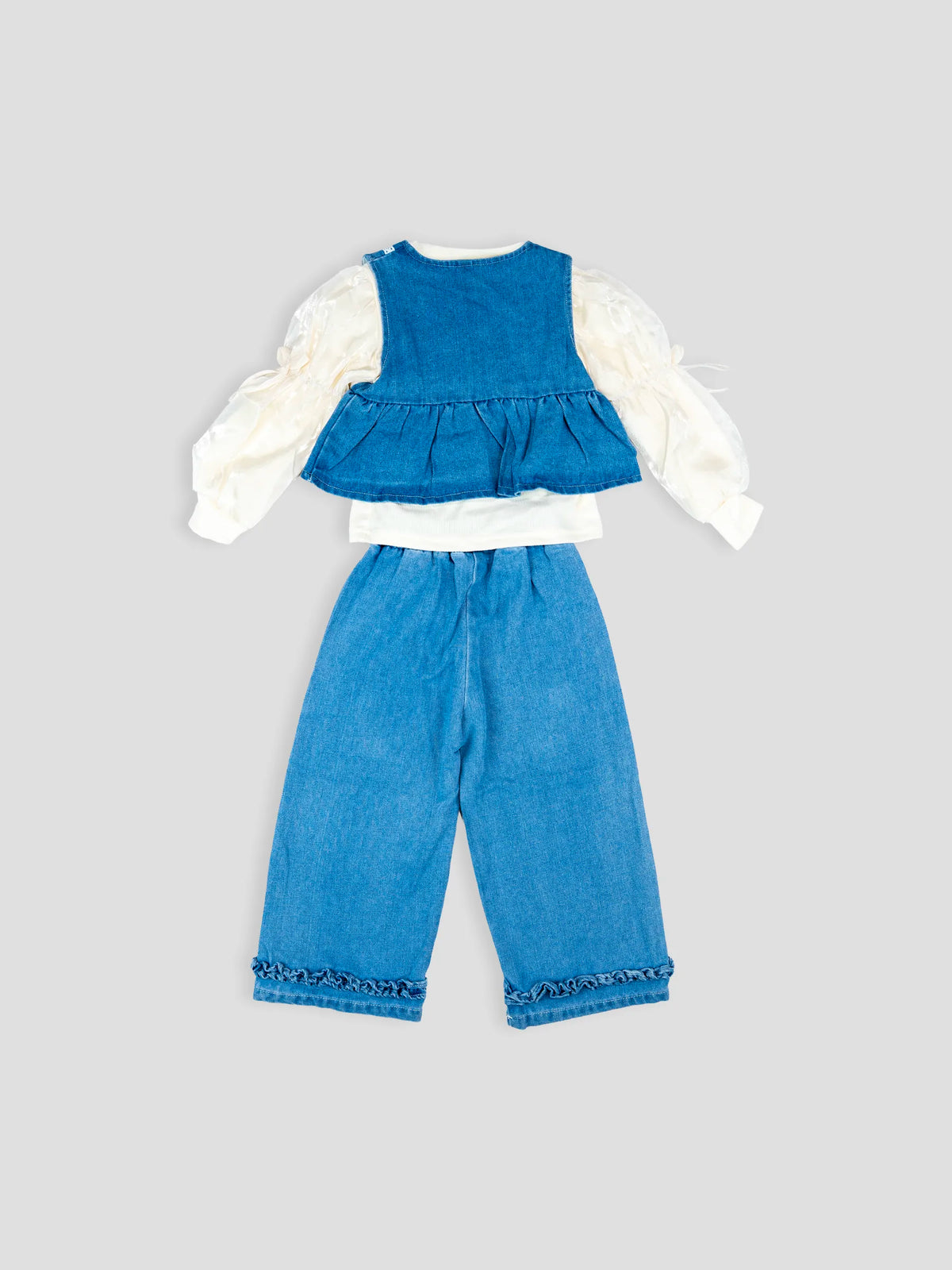 Hap & Hope  Denim Cord Set with Full Sleeve Top & Wide Leg Jeans For Girls