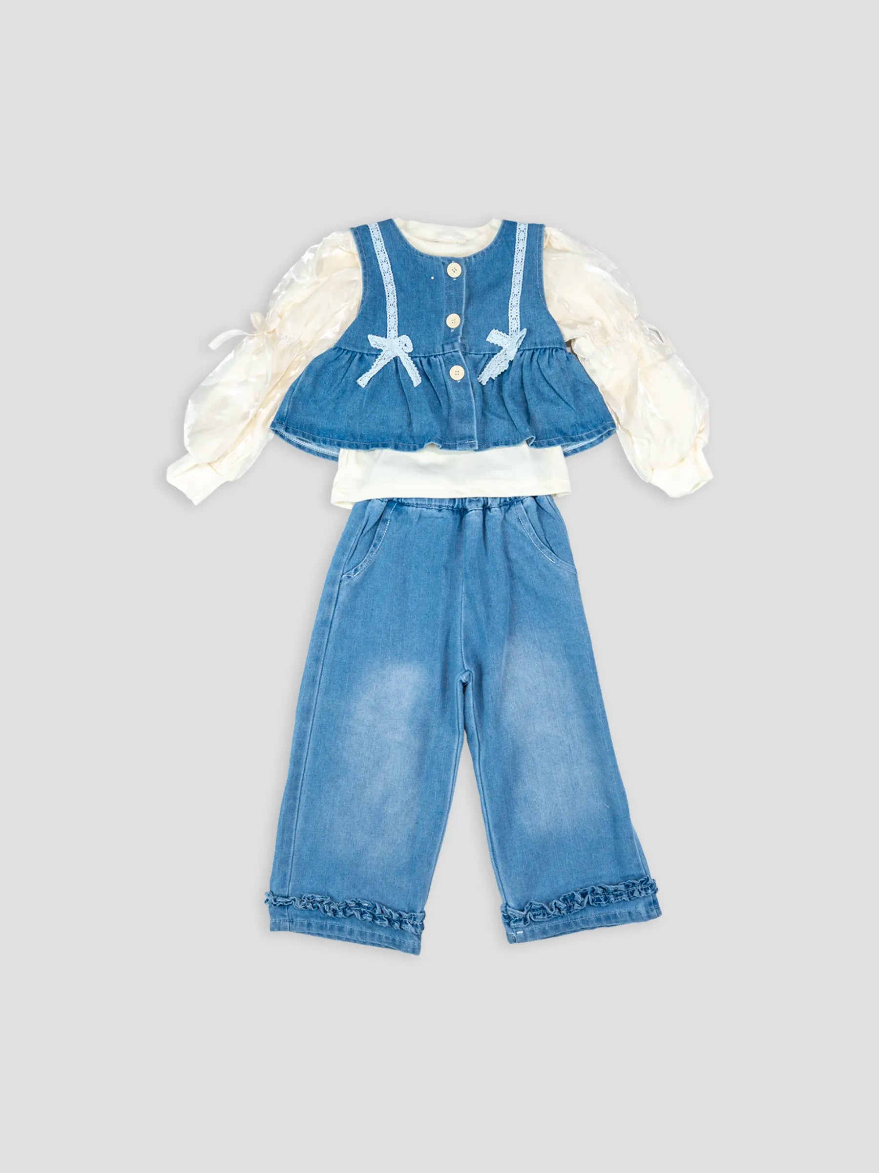 Hap & Hope  Denim Cord Set with Full Sleeve Top & Wide Leg Jeans For Girls