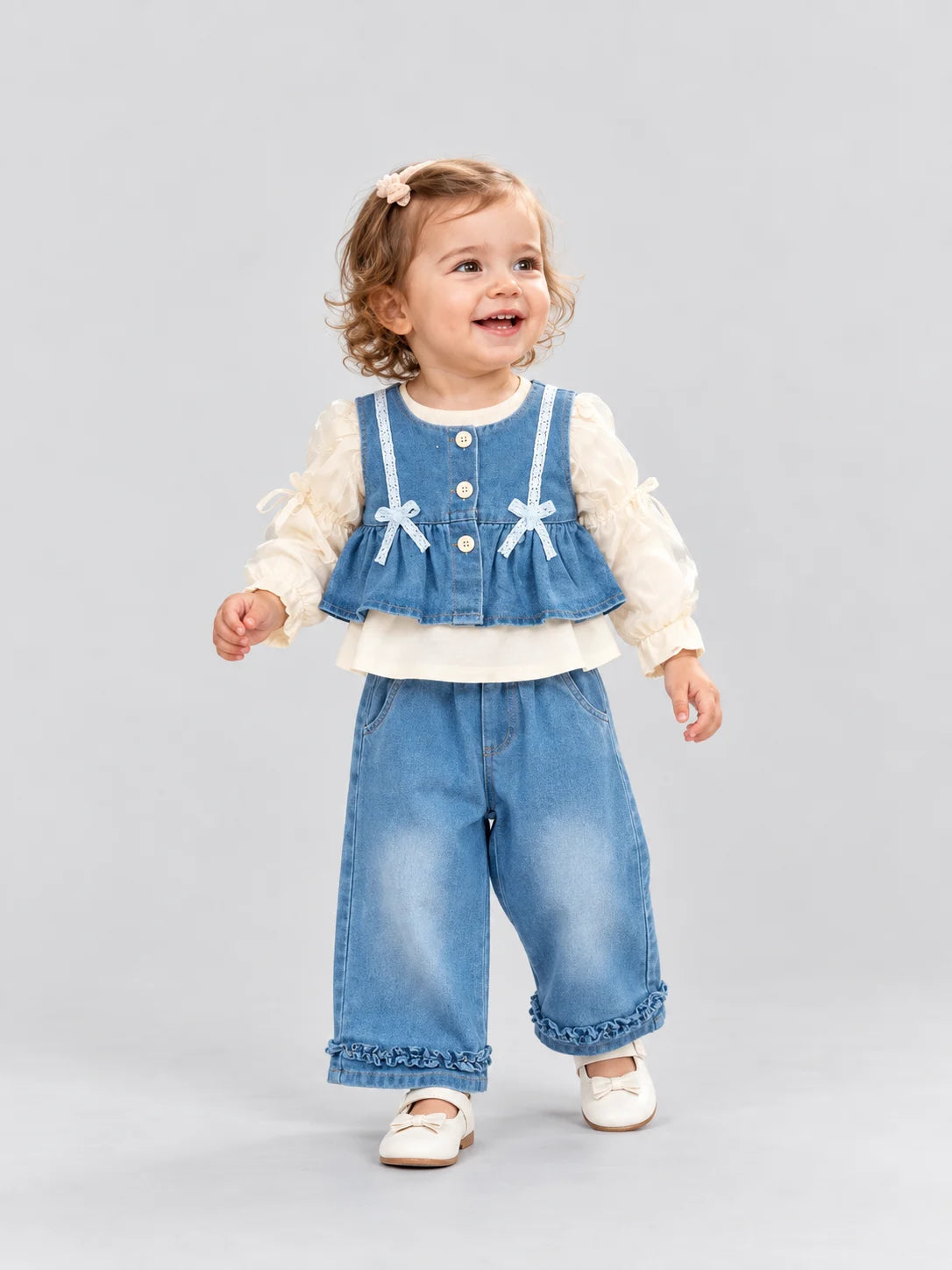 Hap & Hope  Denim Cord Set with Full Sleeve Top & Wide Leg Jeans For Girls