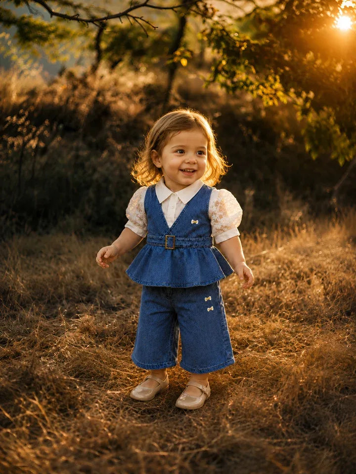 Hap & Hope  Denim Shirt & Skirt Style Cord Set For Girls