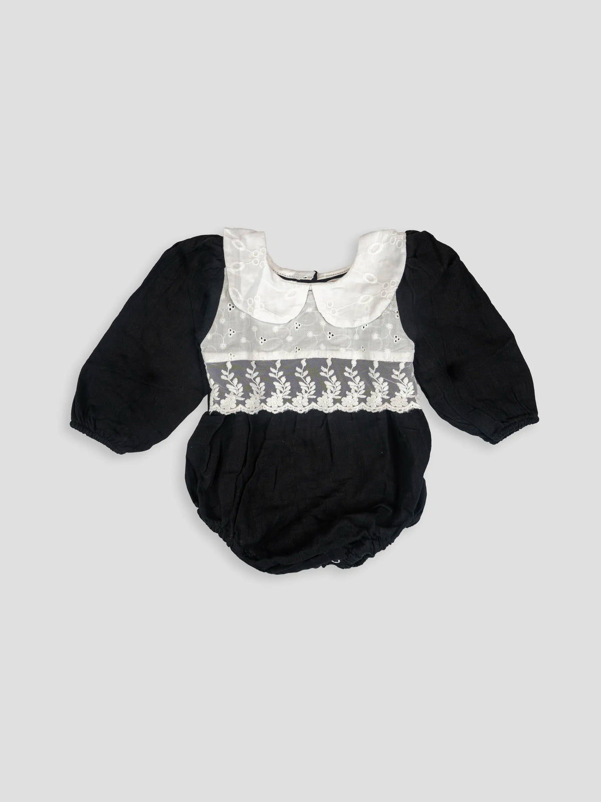Hap & Hope  Embroidered Lace Detail Full Sleeve Cotton Romper For Baby Girls