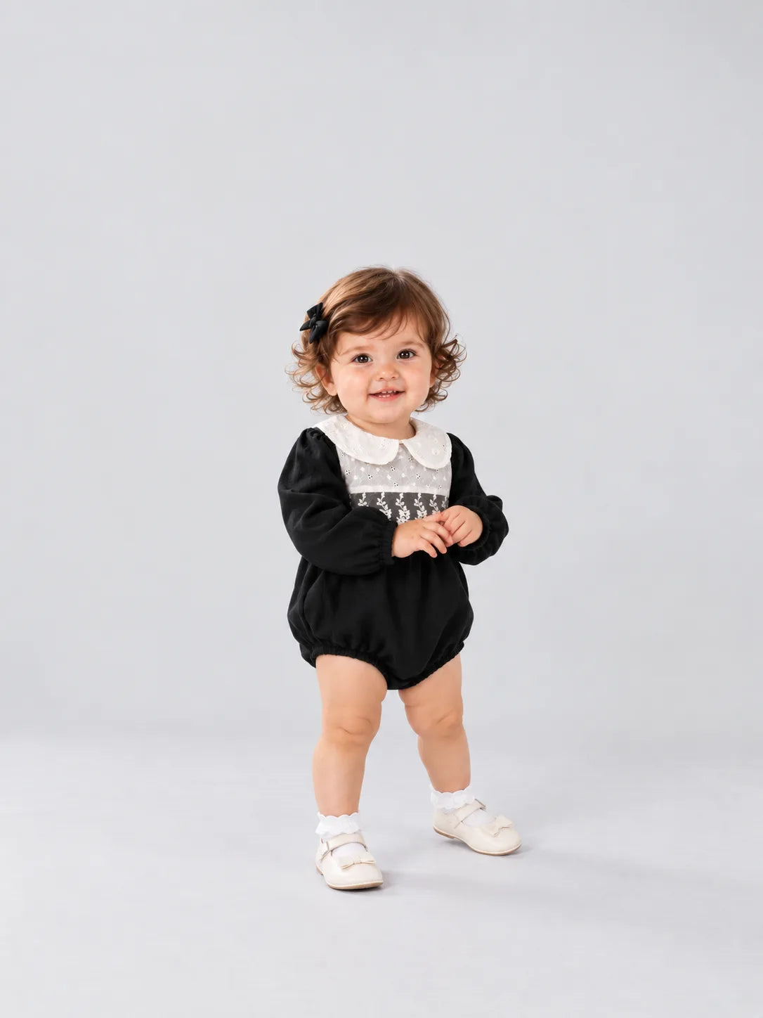 Hap & Hope  Embroidered Lace Detail Full Sleeve Cotton Romper For Baby Girls