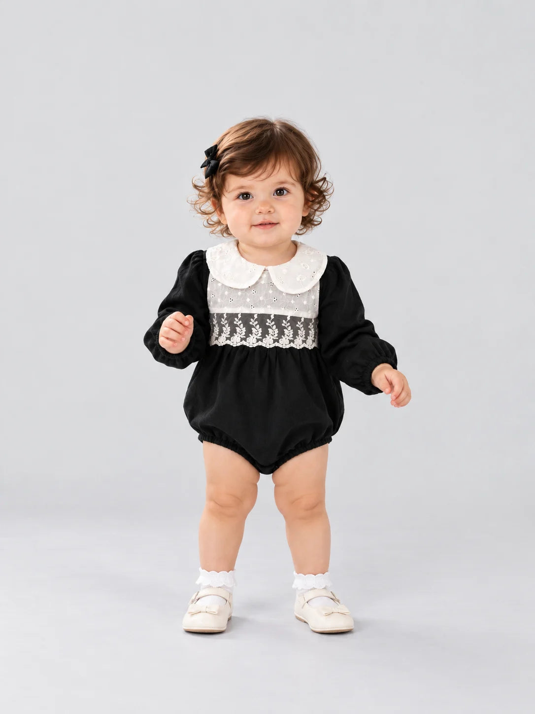 Hap & Hope  Embroidered Lace Detail Full Sleeve Cotton Romper For Baby Girls