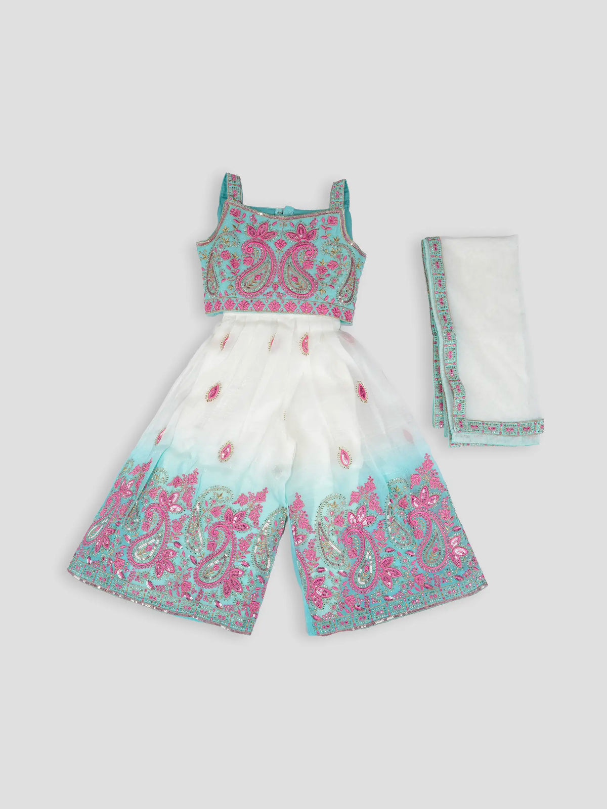 Hap & Hope  Embroidered Sleeveless Square Neck Party Wear Sharara Set with Dupatta For Girls
