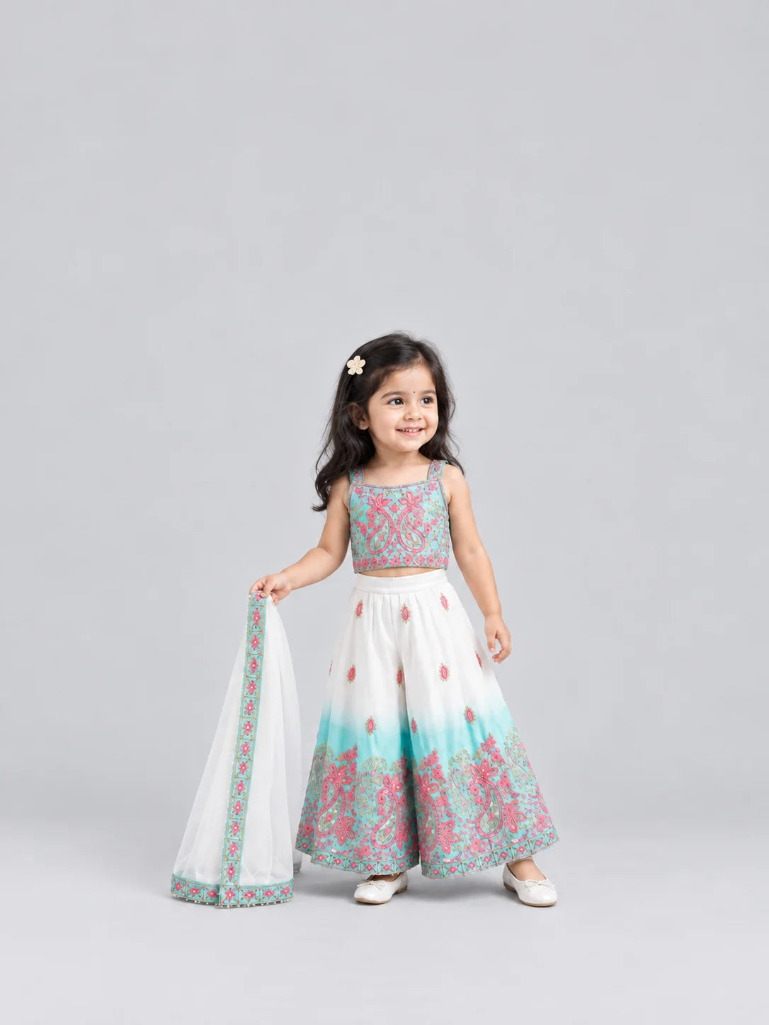 Hap & Hope Embroidered Sleeveless Square Neck Party Wear Sharara Set with Dupatta For Girls