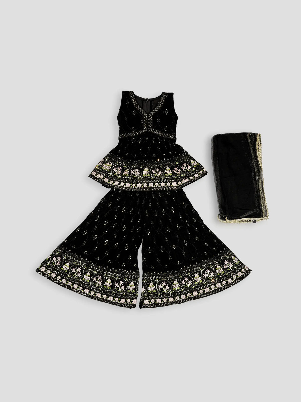 Hap & Hope Embroidered Sleeveless V-Neck Party Wear Sharara Set with Dupatta For Girls
