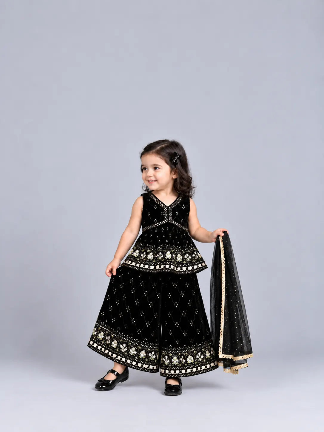 Hap & Hope  Embroidered Sleeveless V-Neck Party Wear Sharara Set with Dupatta For Girls