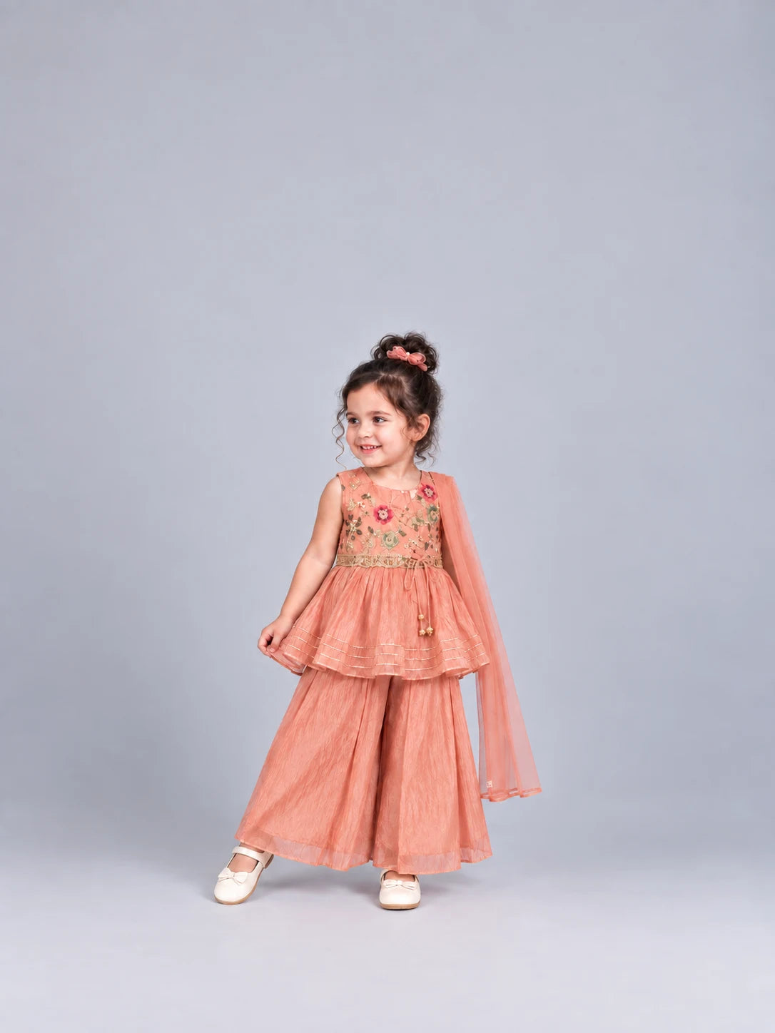 Hap & Hope  Embroidered Sleeveless V-Neck Party Wear Sharara Set with Dupatta For Girls