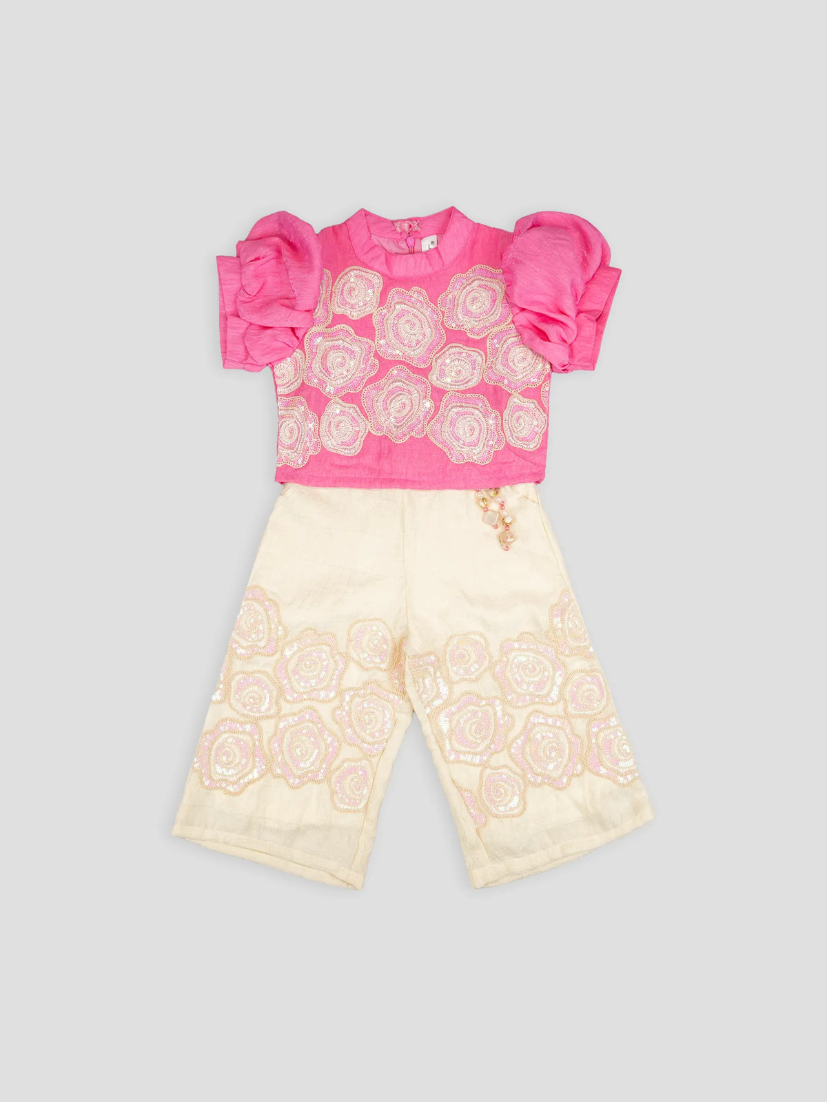 Hap & Hope  Floral Embroidered Puff Sleeve Top & Palazzo Cord Set For Girls