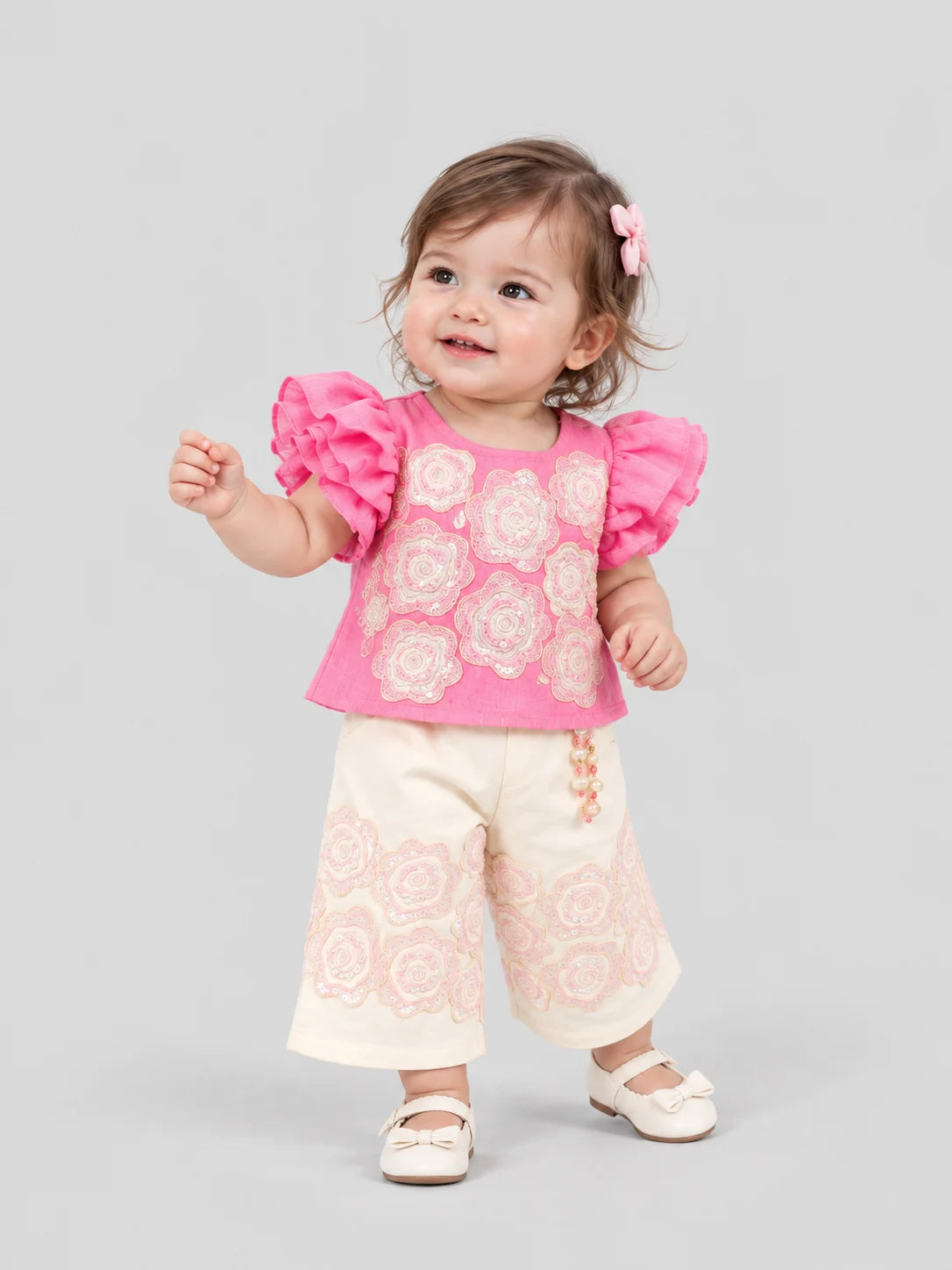 Hap & Hope  Floral Embroidered Puff Sleeve Top & Palazzo Cord Set For Girls