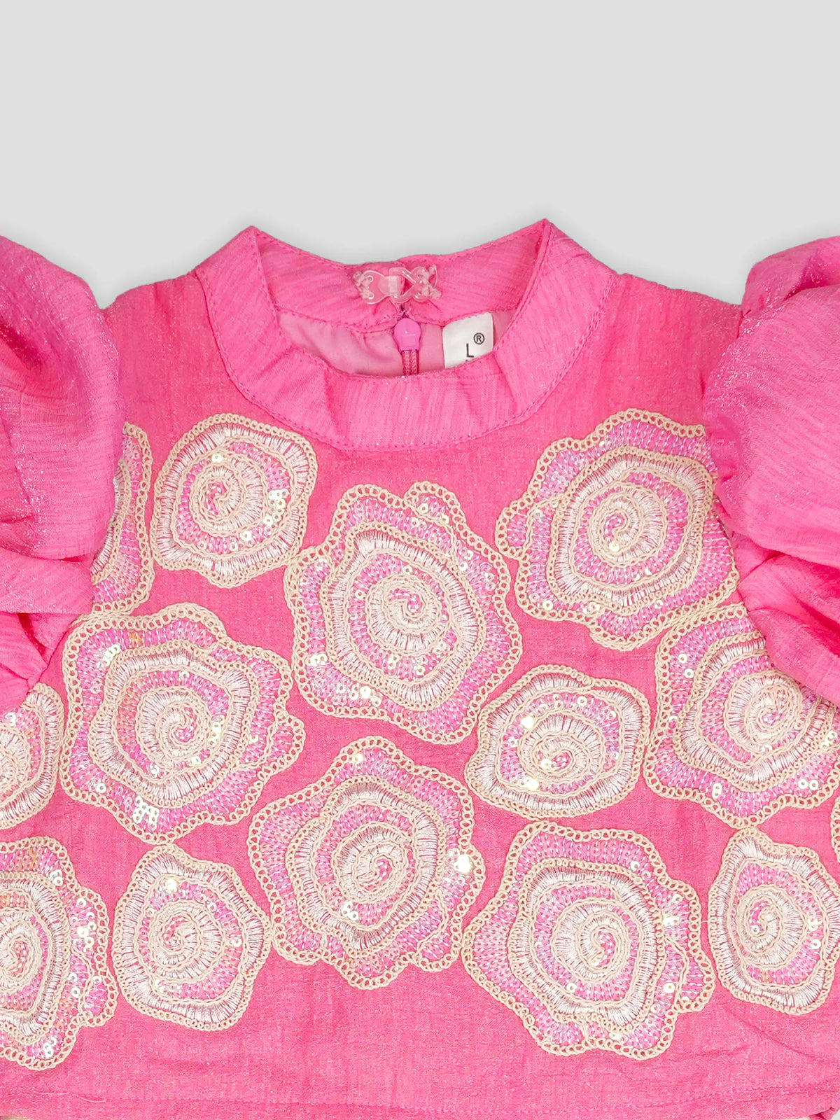 Hap & Hope  Floral Embroidered Puff Sleeve Top & Palazzo Cord Set For Girls