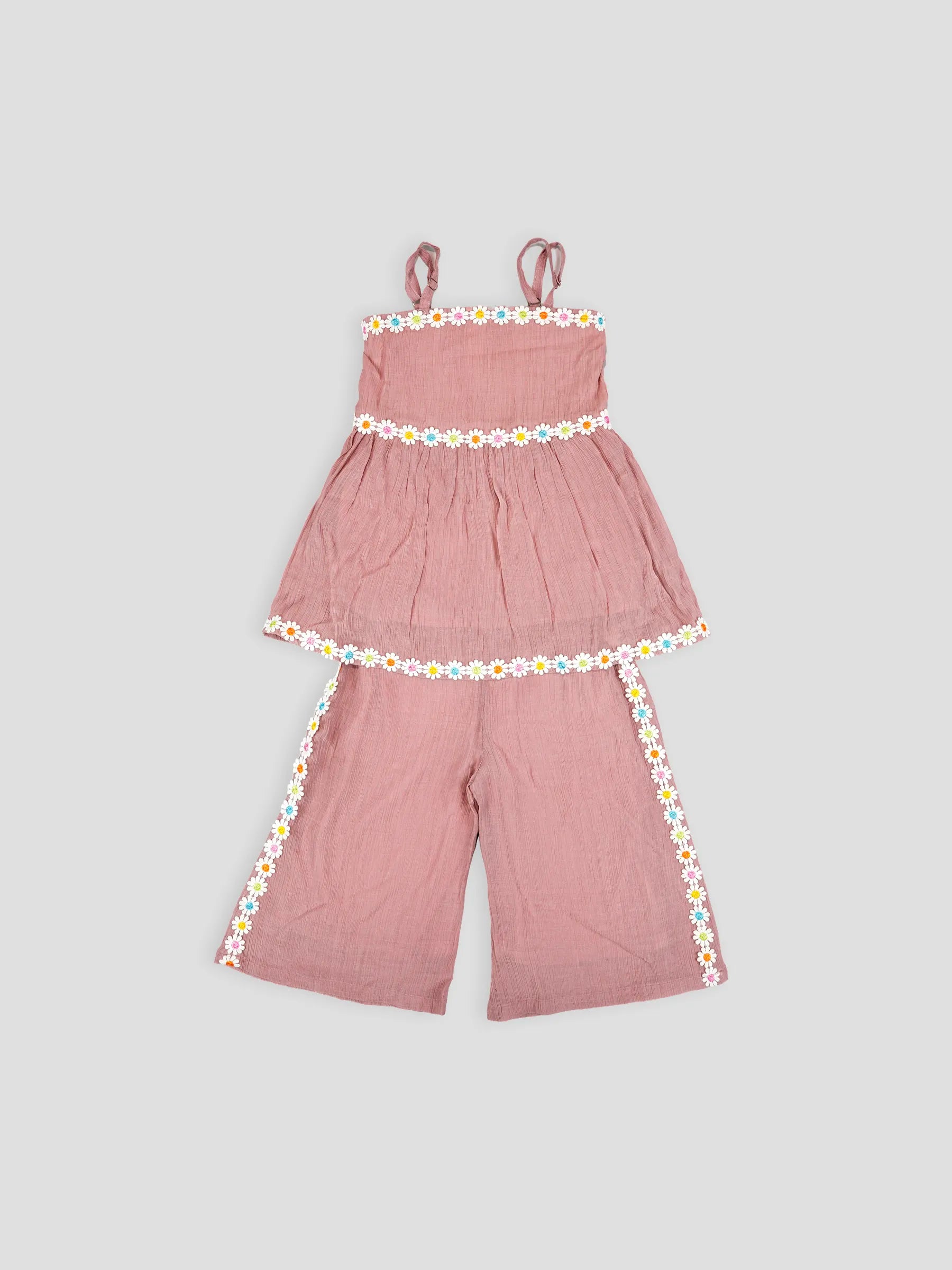 Hap & Hope  Floral Trim Sleeveless Top & Palazzo  Cord Set For Girls