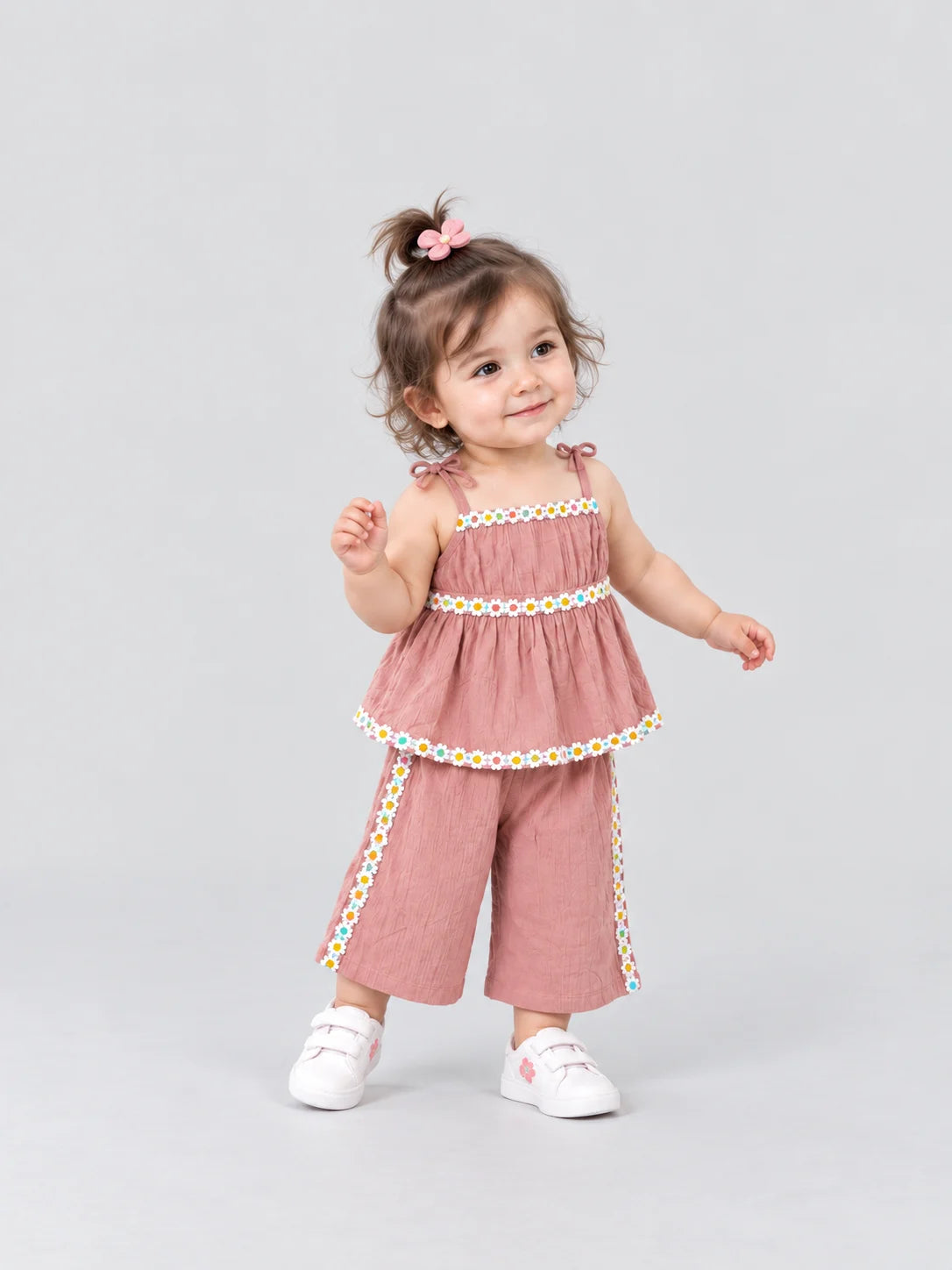 Hap & Hope  Floral Trim Sleeveless Top & Palazzo  Cord Set For Girls