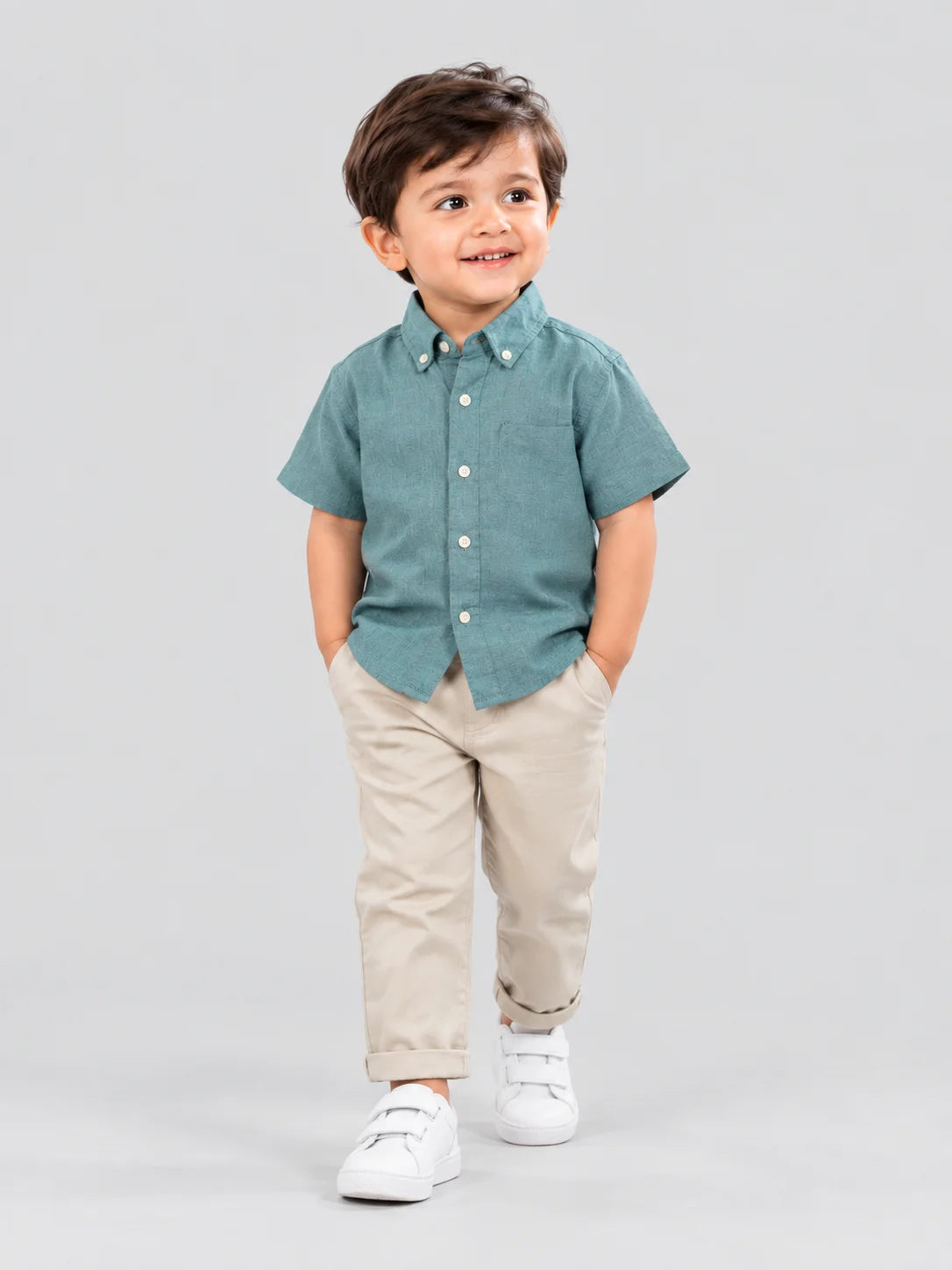 Hap & Hope Plain Collar Neck Half Sleeve Linen Shirt for Boys