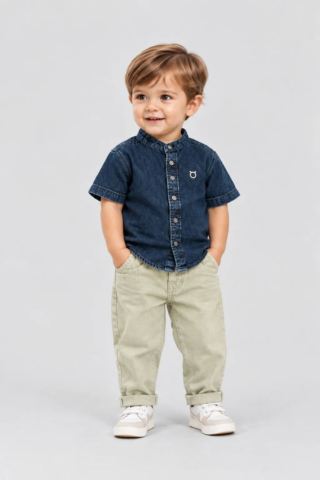 Hap & Hope Solid Chinese Neck Half Sleeve Denim Shirt for Boys