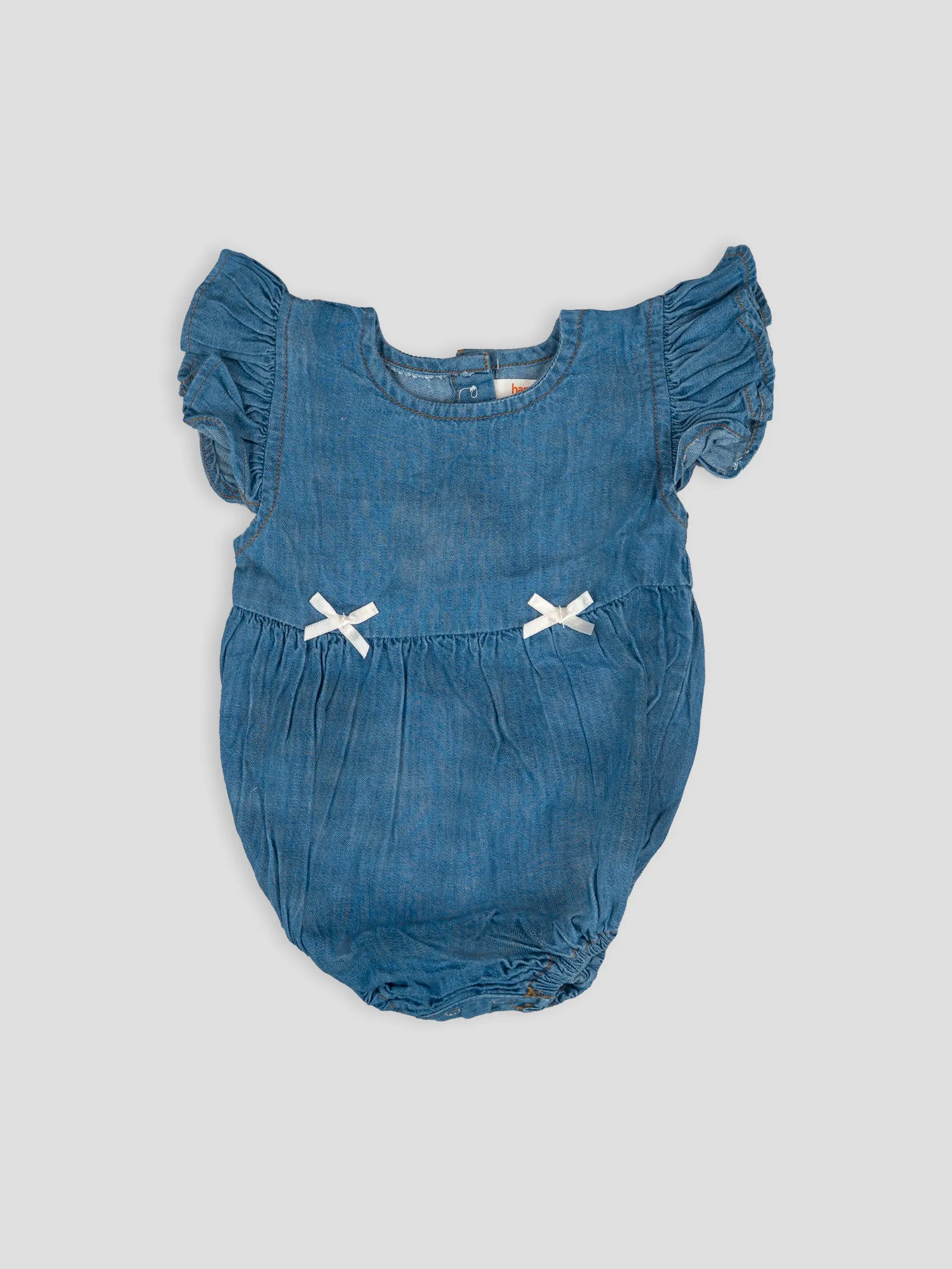 Hap & Hope Solid Denim Romper with Ruffle Sleeves For Baby Girls