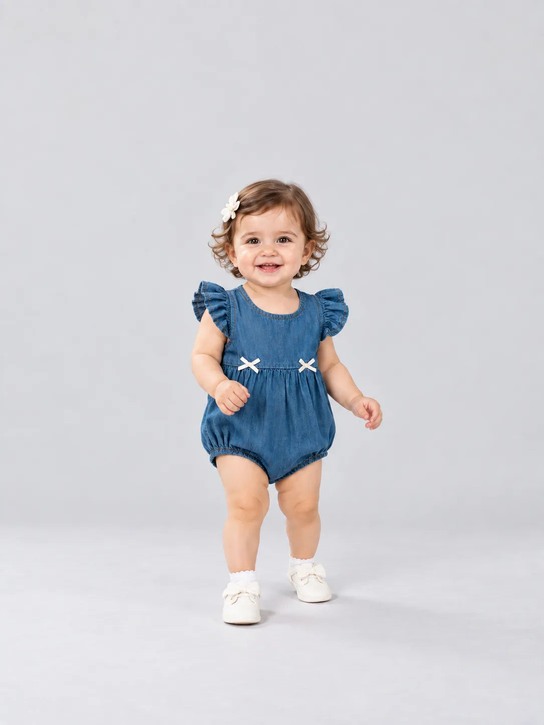 Hap & Hope Solid Denim Romper with Ruffle Sleeves For Baby Girls