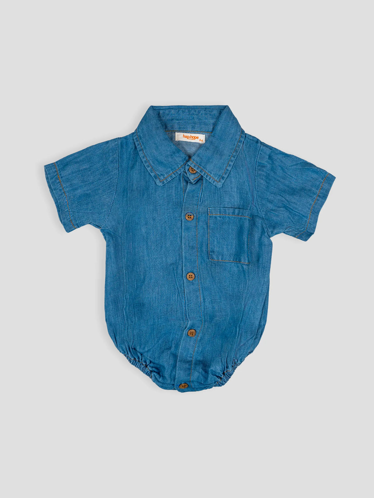Hap & Hope  Unisex Plain Denim Collared Half Sleeve Romper For Babies