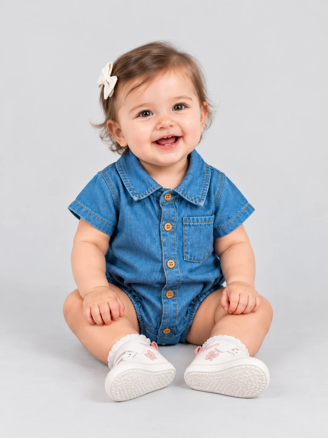 Hap & Hope  Unisex Plain Denim Collared Half Sleeve Romper For Babies