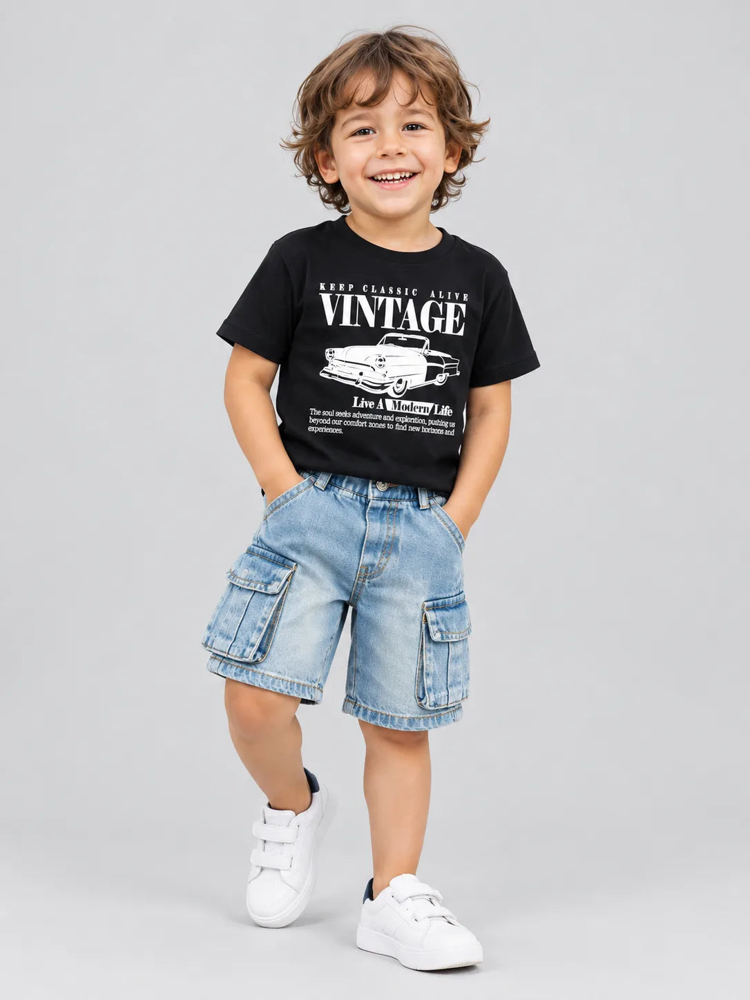 Hap & Hope Vintage Car Print Round Neck Half Sleeve T-Shirt for Boys