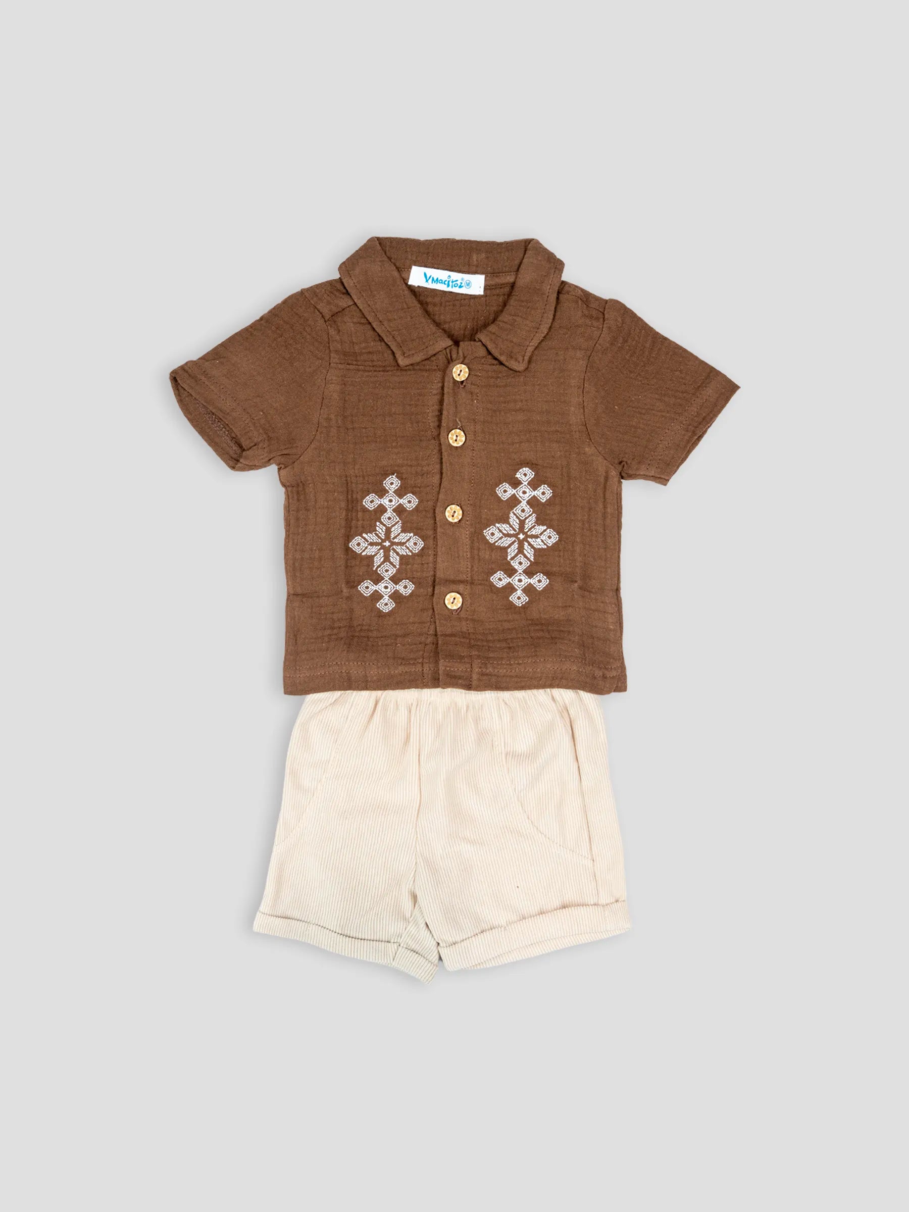 Hap&Hope  Cotton Embroidered Collar Neck Shirt & Shorts For Baby Boys