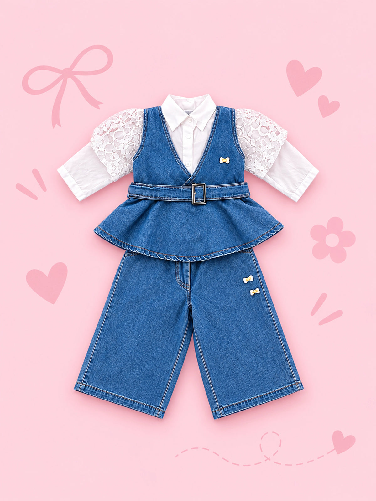 Hap & Hope  Denim Shirt & Skirt Style Cord Set For Girls