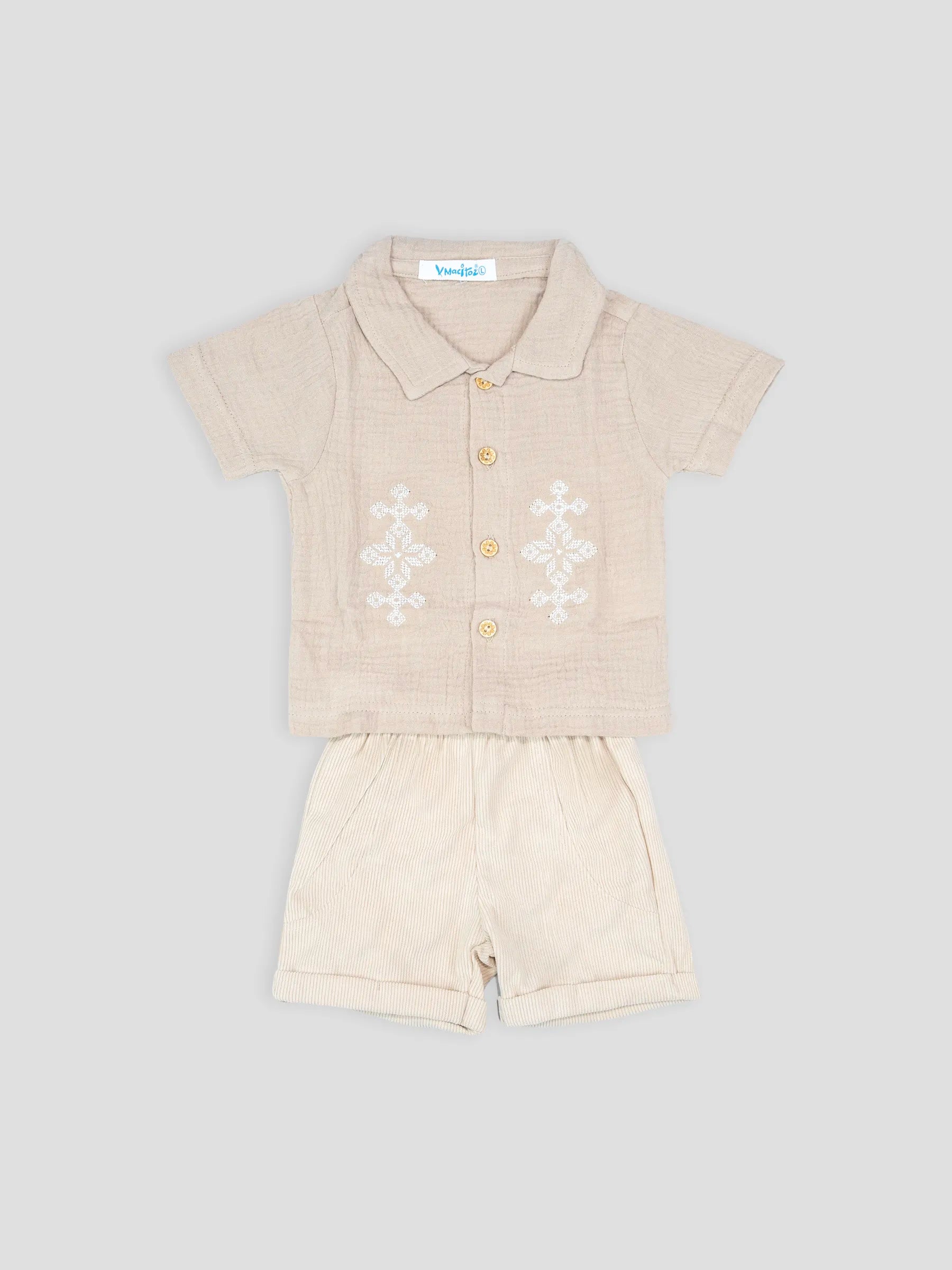 Hap&Hope  Cotton Embroidered Collar Neck Shirt & Shorts For Baby Boys