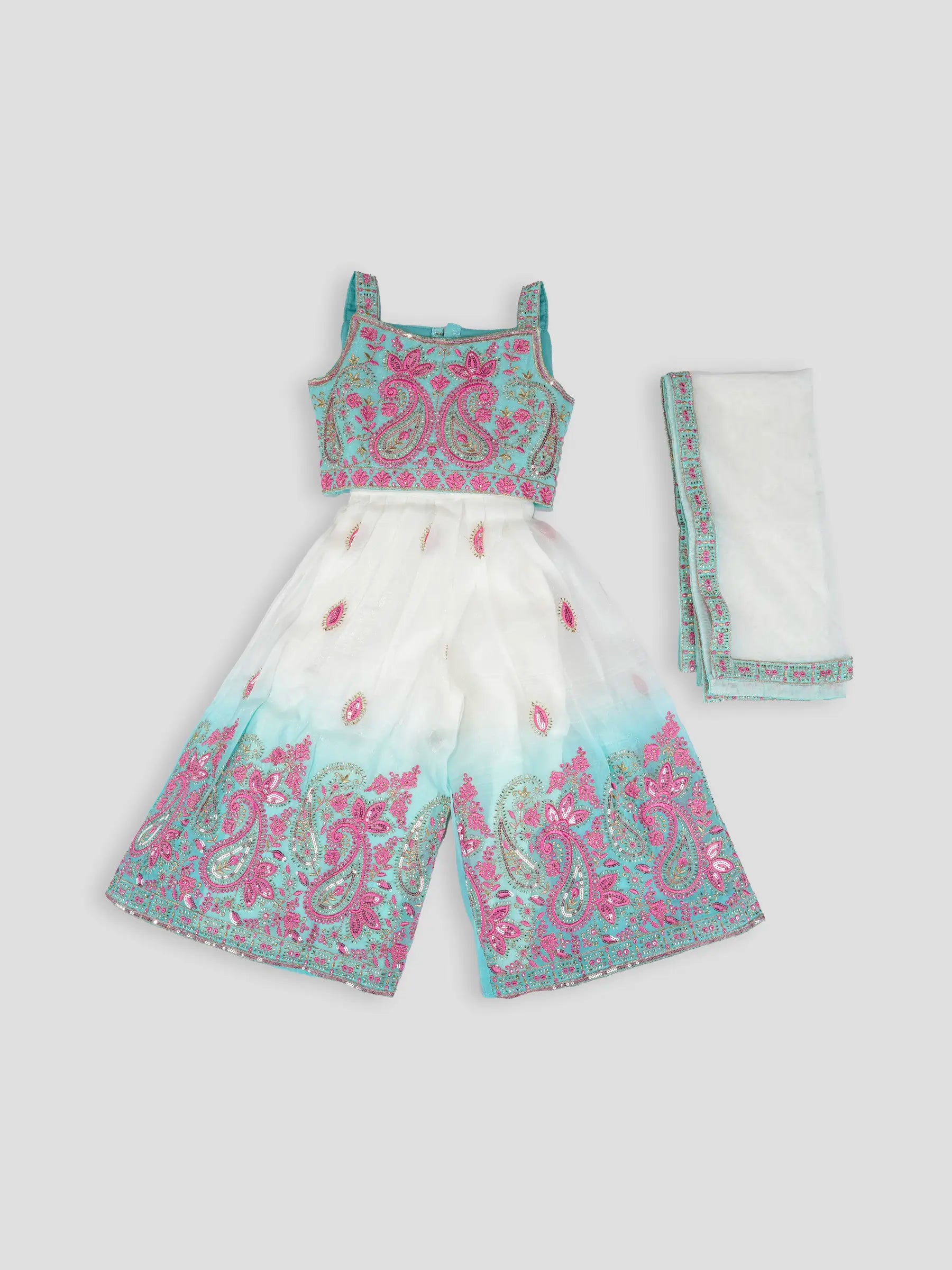 Hap & Hope Girls Embroidered Sleeveless Square Neck Party Wear Sharara Set with Dupatta For Girls