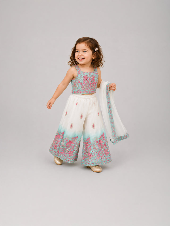 Hap & Hope Embroidered Sleeveless Square Neck Party Wear Sharara Set with Dupatta For Girls