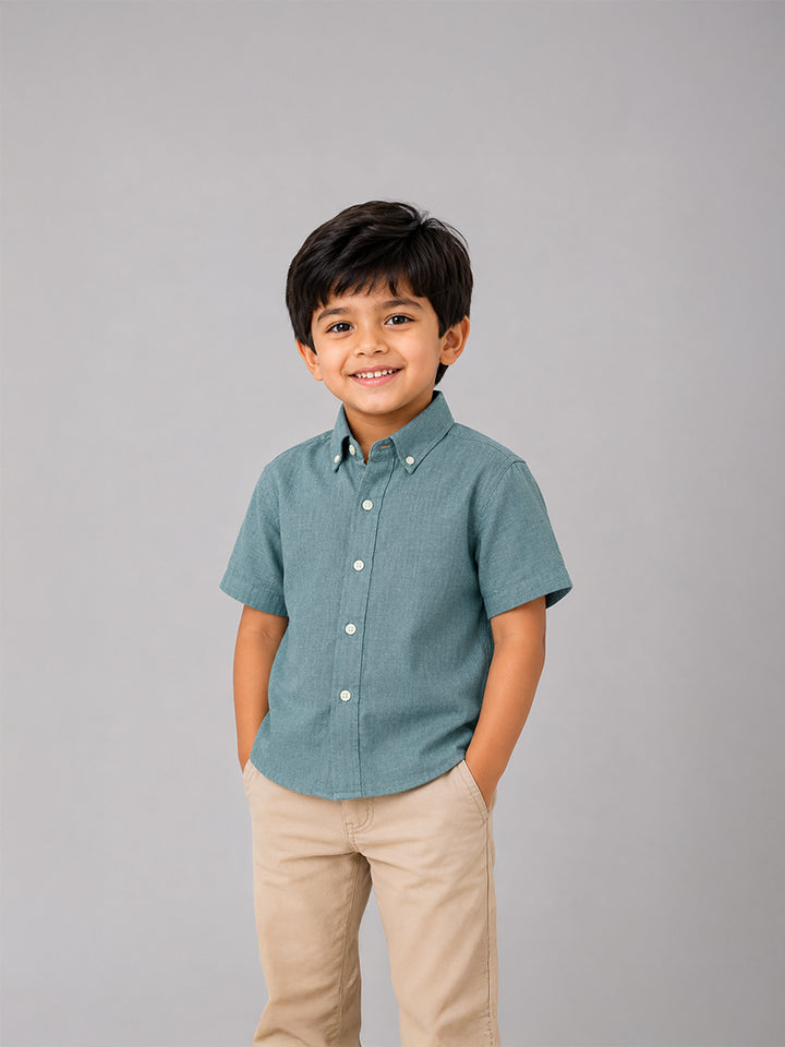 Hap&Hope Plain Collar Neck Half Sleeve Linen Shirt for Boys