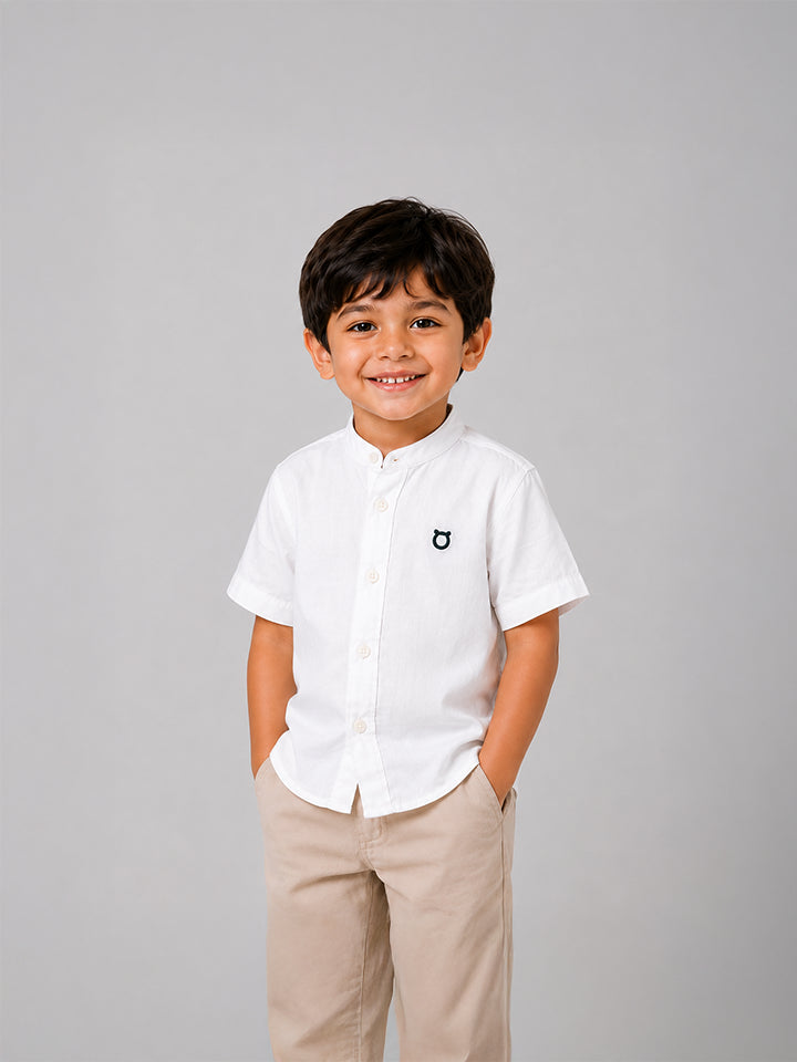 Hap&Hope Solid Linen Blend Chinese Collar Half Sleeve Shirt for Boys